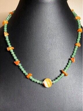 B6490 Vintage Green Aventurine Orange Agate Beaded Necklace 17" Sterling Silver